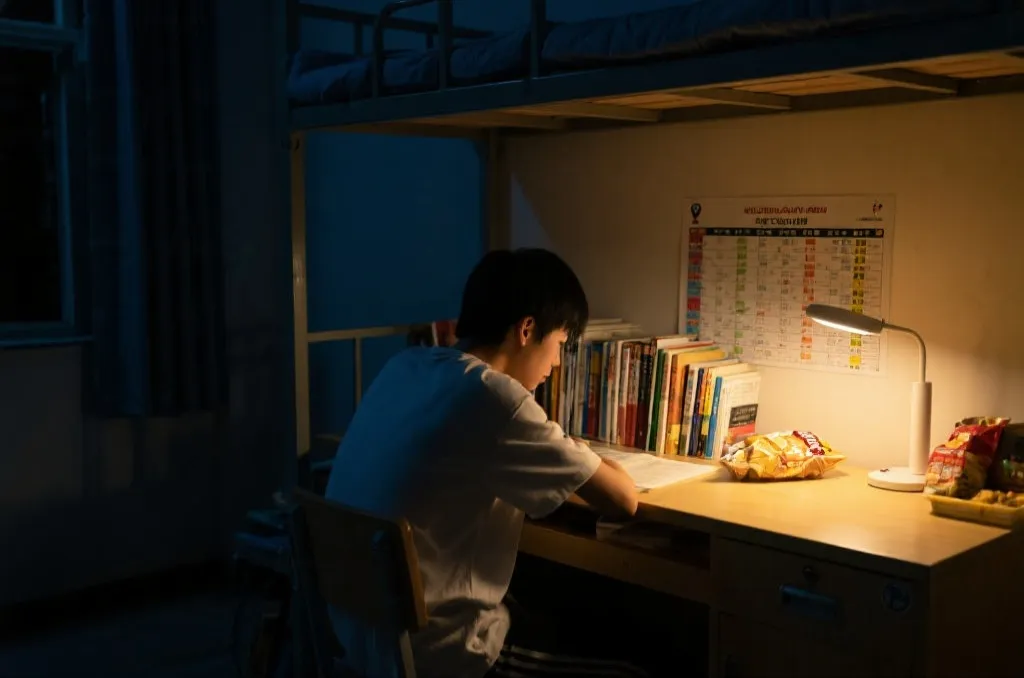 学生在宿舍用笔记本看球赛程，桌上放着台灯、书本和饮料，夜晚安静而专注